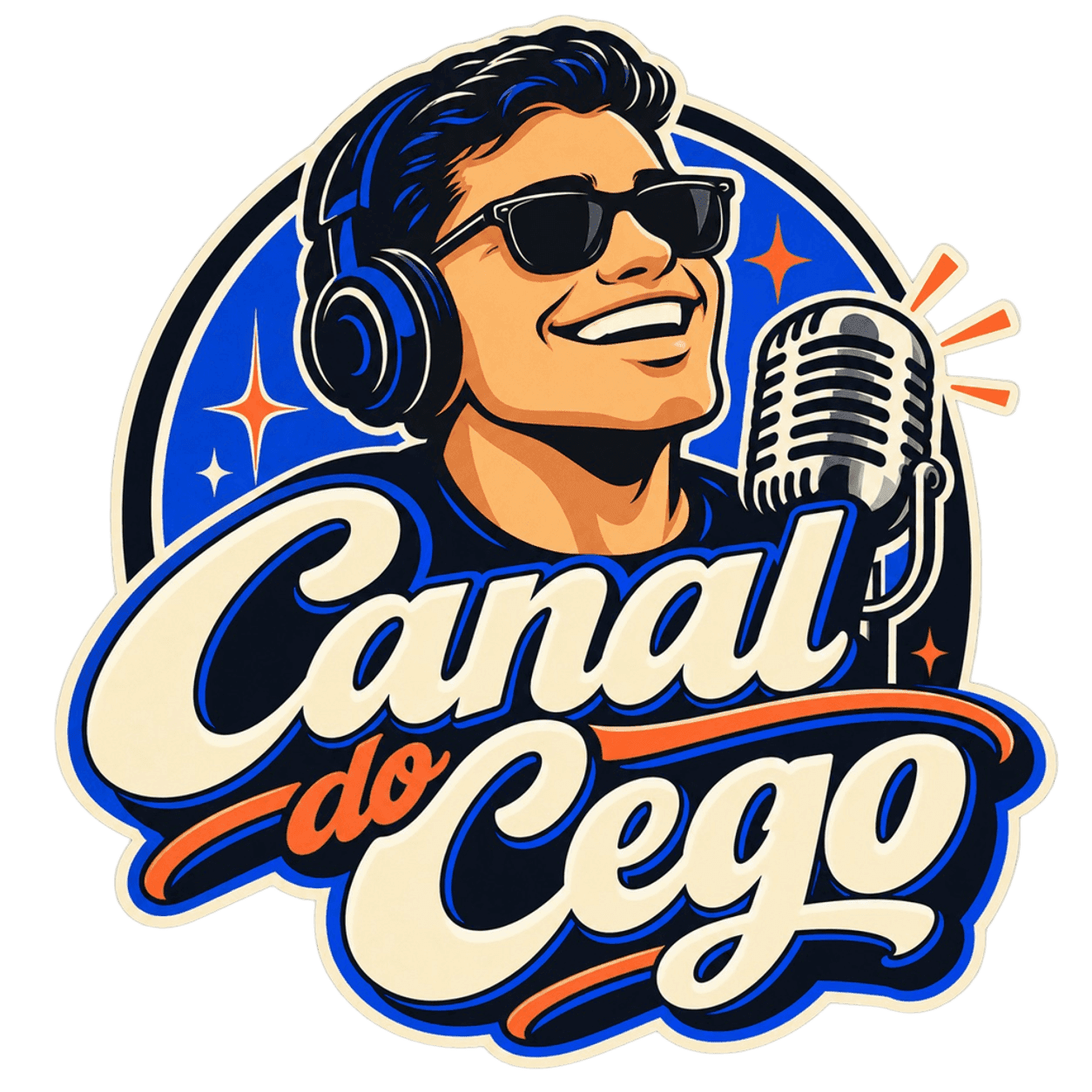 Logo do Canal do Cego: o apresentador de óculos escuros e fones azuis com um microfone antigo.