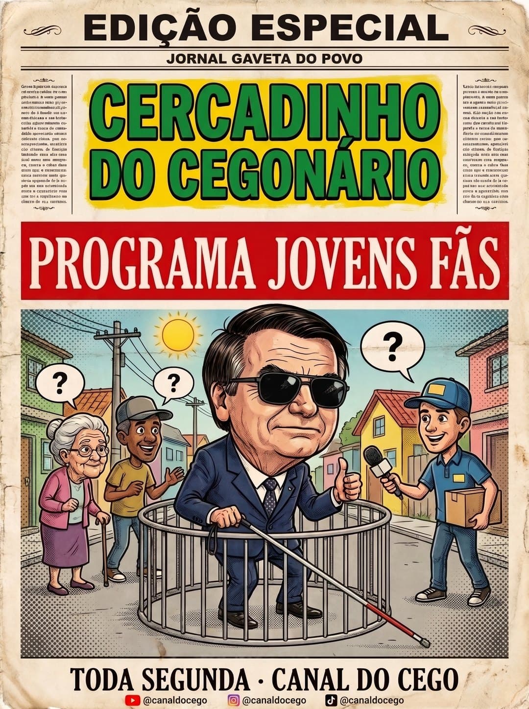 Banner do Cercadinho do Cegonário com a caricatura dentro do cercadinho e moradores fazendo perguntas.
